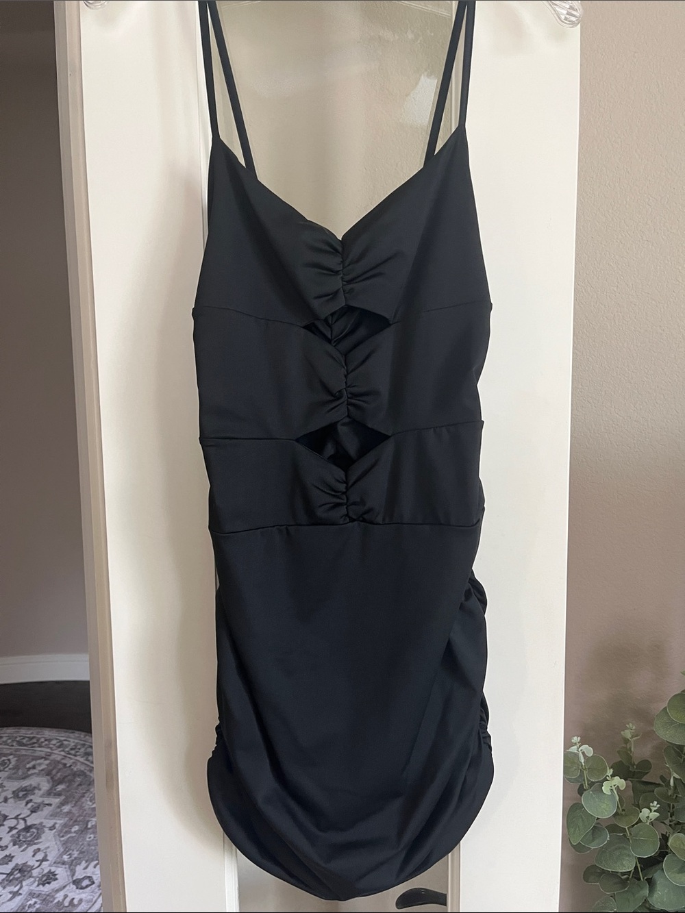 SHEIN Dress, Large, Black, Ruched Sides, Spaghetti Straps, Front Cutouts, Fitted